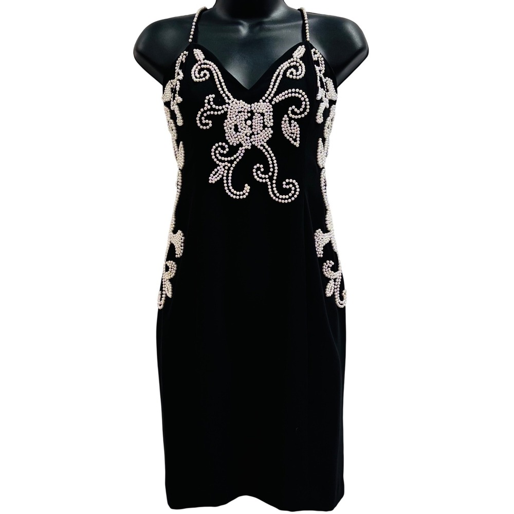 Vintage Casadei Black Pearl Embellished Cocktail Dress Sheath Size 6 141-371